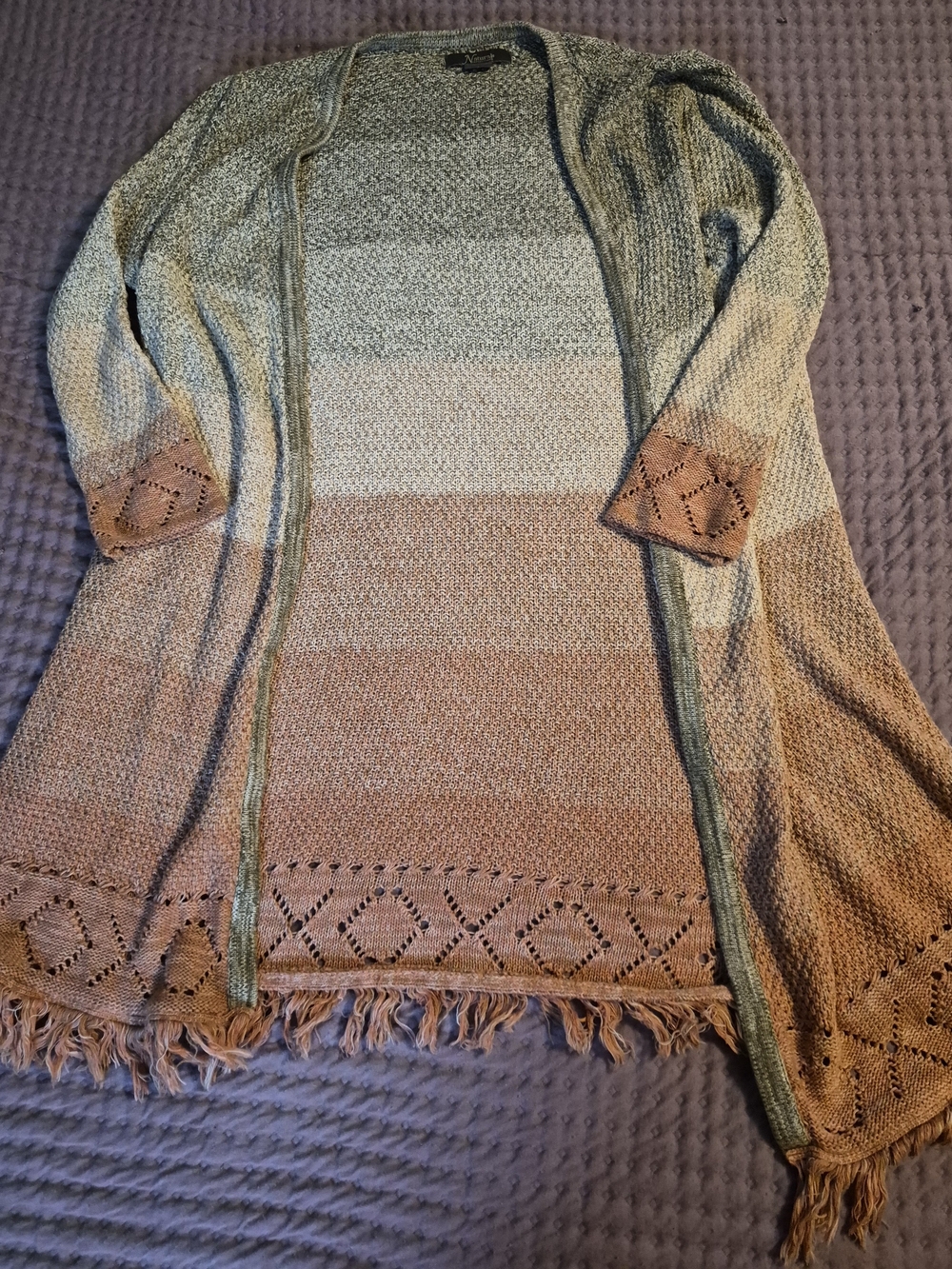 Natural Reflections Gradient Open-Front Cardigan in Green and Tan